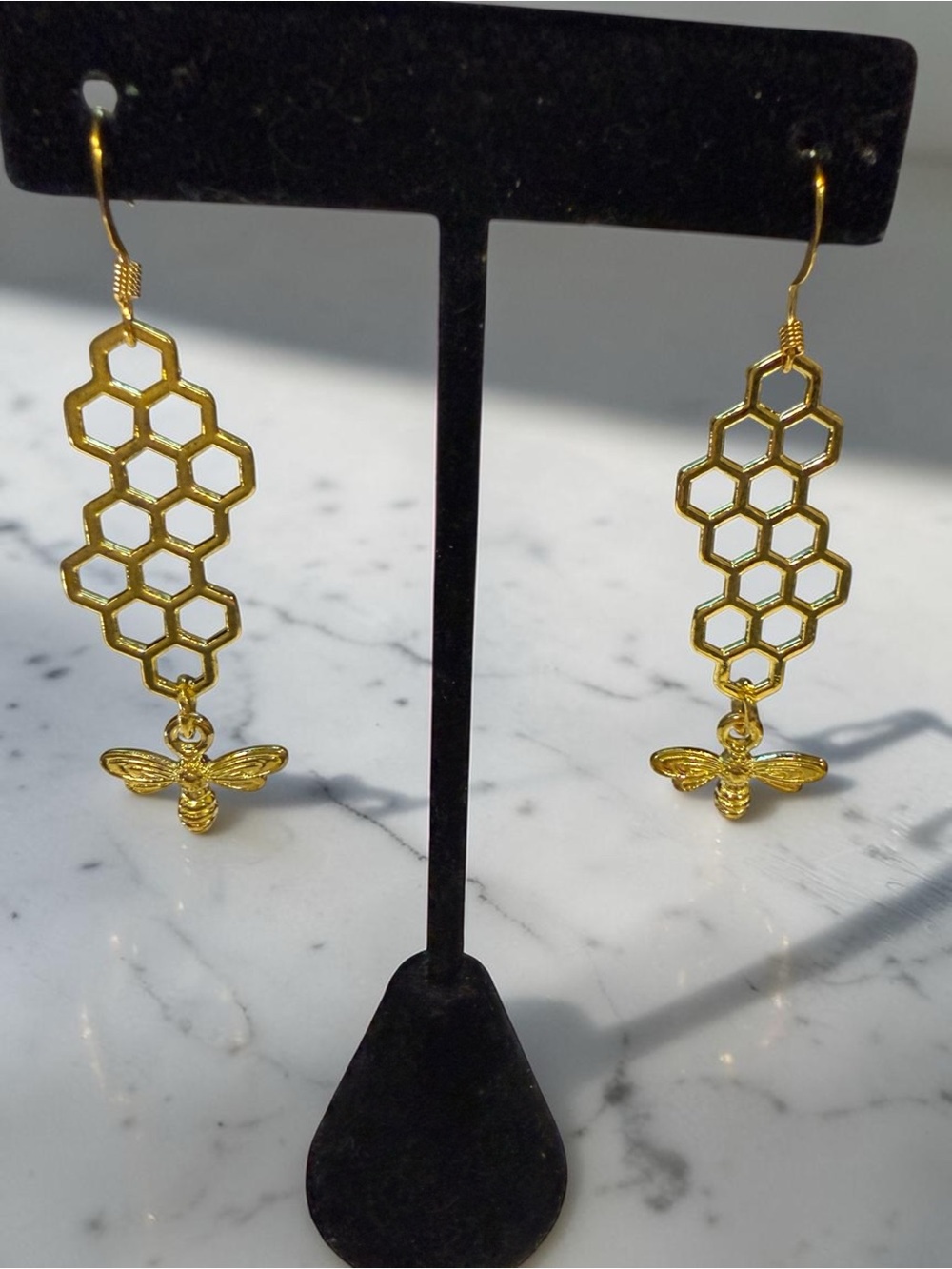 Honeycomb & Bee Dangle Earrings Cottagecore Boho Gold Hexagon Drop